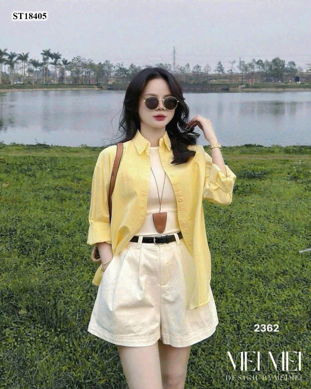 L358-SET ÁO SƠ MI VÀNG MIX QUẦN VẢI TRẮNG NỮ