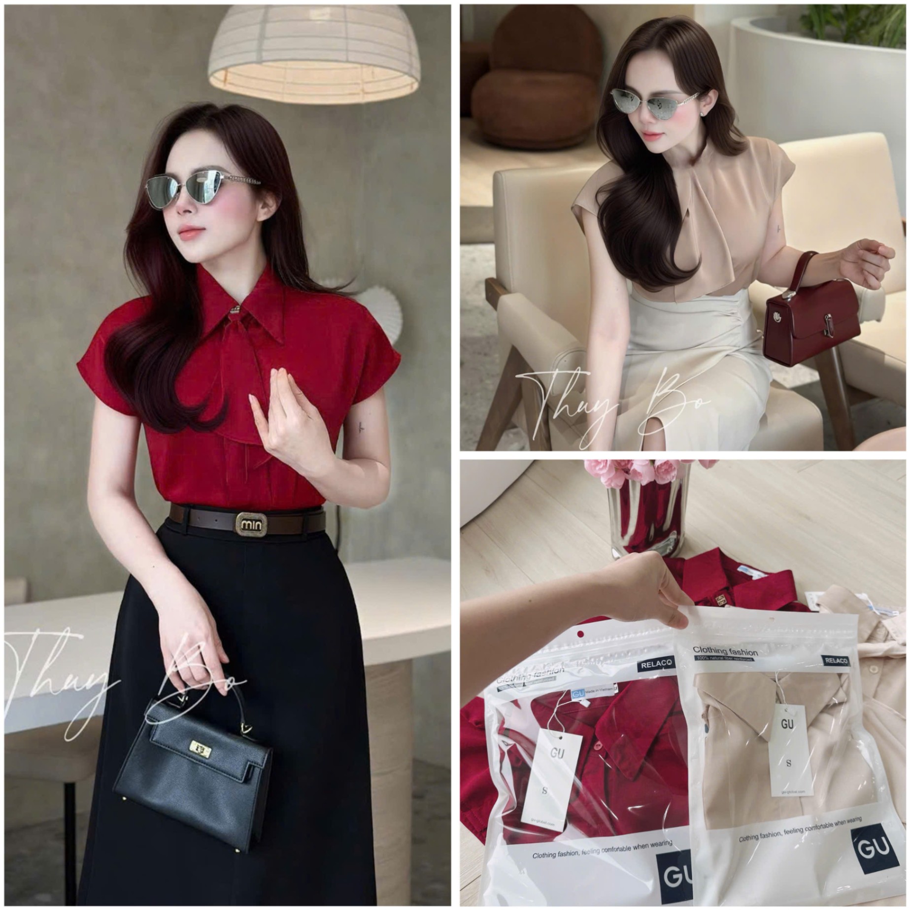 L359-ÁO SƠ MI GU TAY LIỀN MIX NƠ CỔ