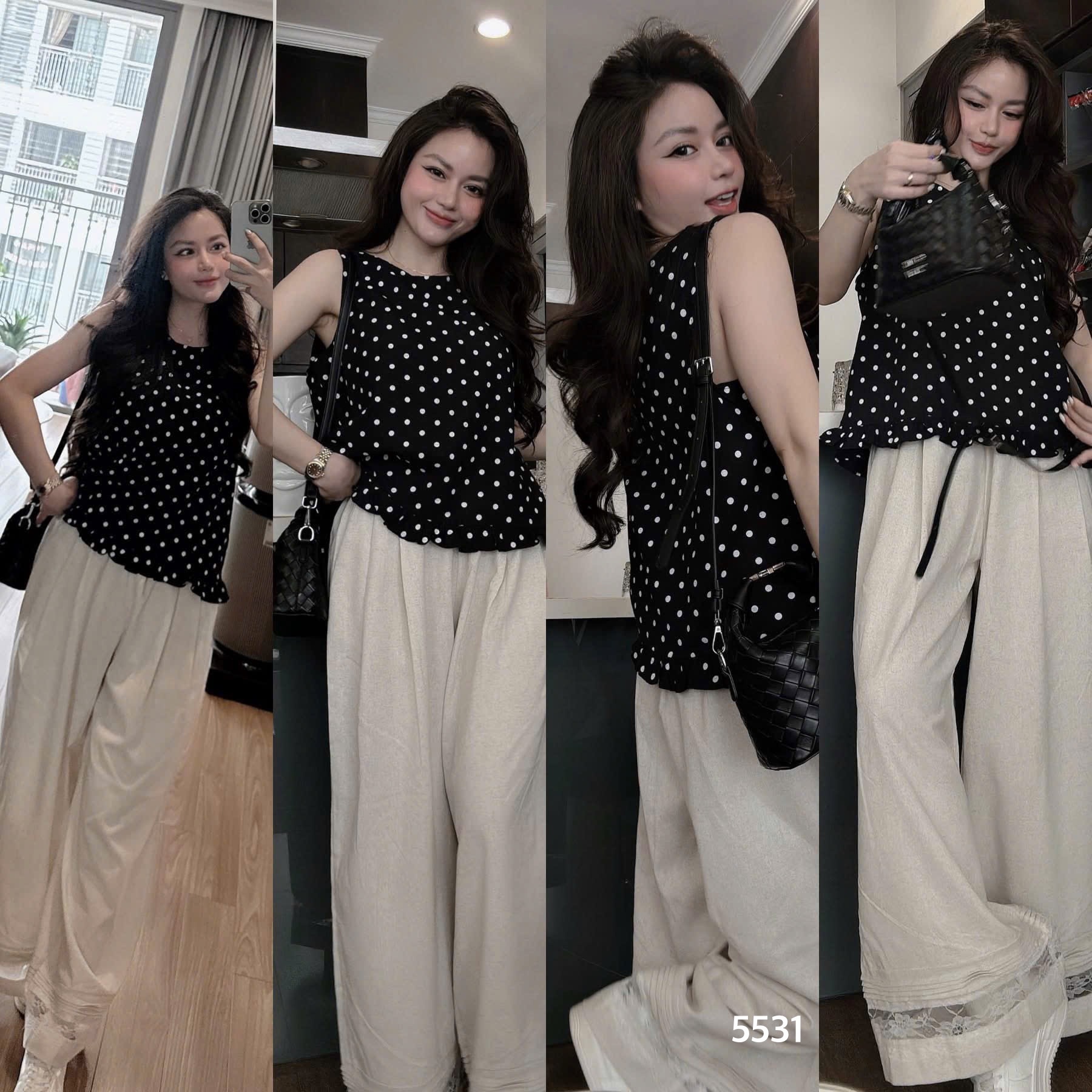 L349-SET ÁO CHẤM BI ĐEN QUẦN SUÔNG NỮ
