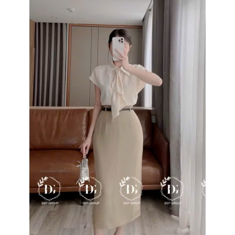 L359-ÁO SƠ MI GU TAY LIỀN MIX NƠ CỔ