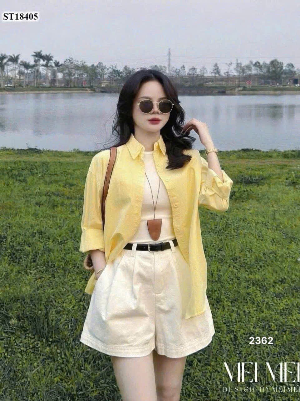 L358-SET ÁO SƠ MI VÀNG MIX QUẦN VẢI TRẮNG NỮ
