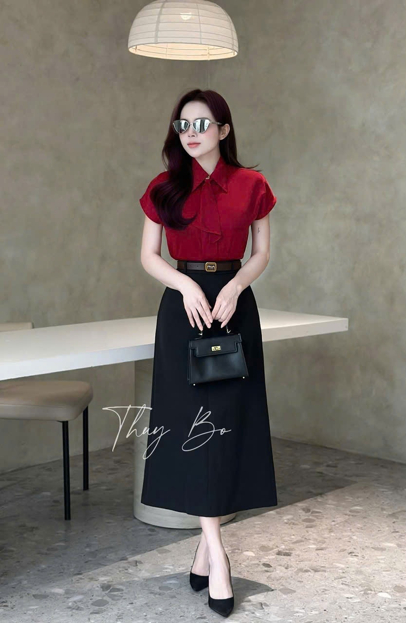 L359-ÁO SƠ MI GU TAY LIỀN MIX NƠ CỔ