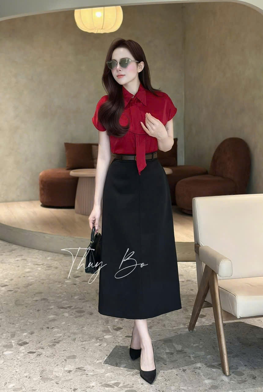 L359-ÁO SƠ MI GU TAY LIỀN MIX NƠ CỔ