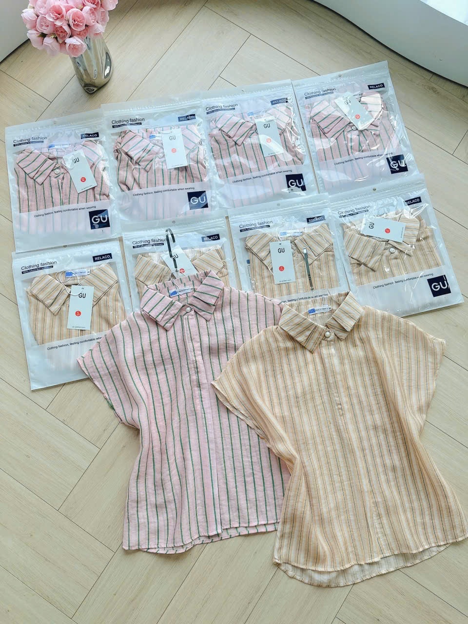 Y4538 - ÁO SƠ MI NỮ SỌC CỔ CÚC NGỌC TAY HẾN