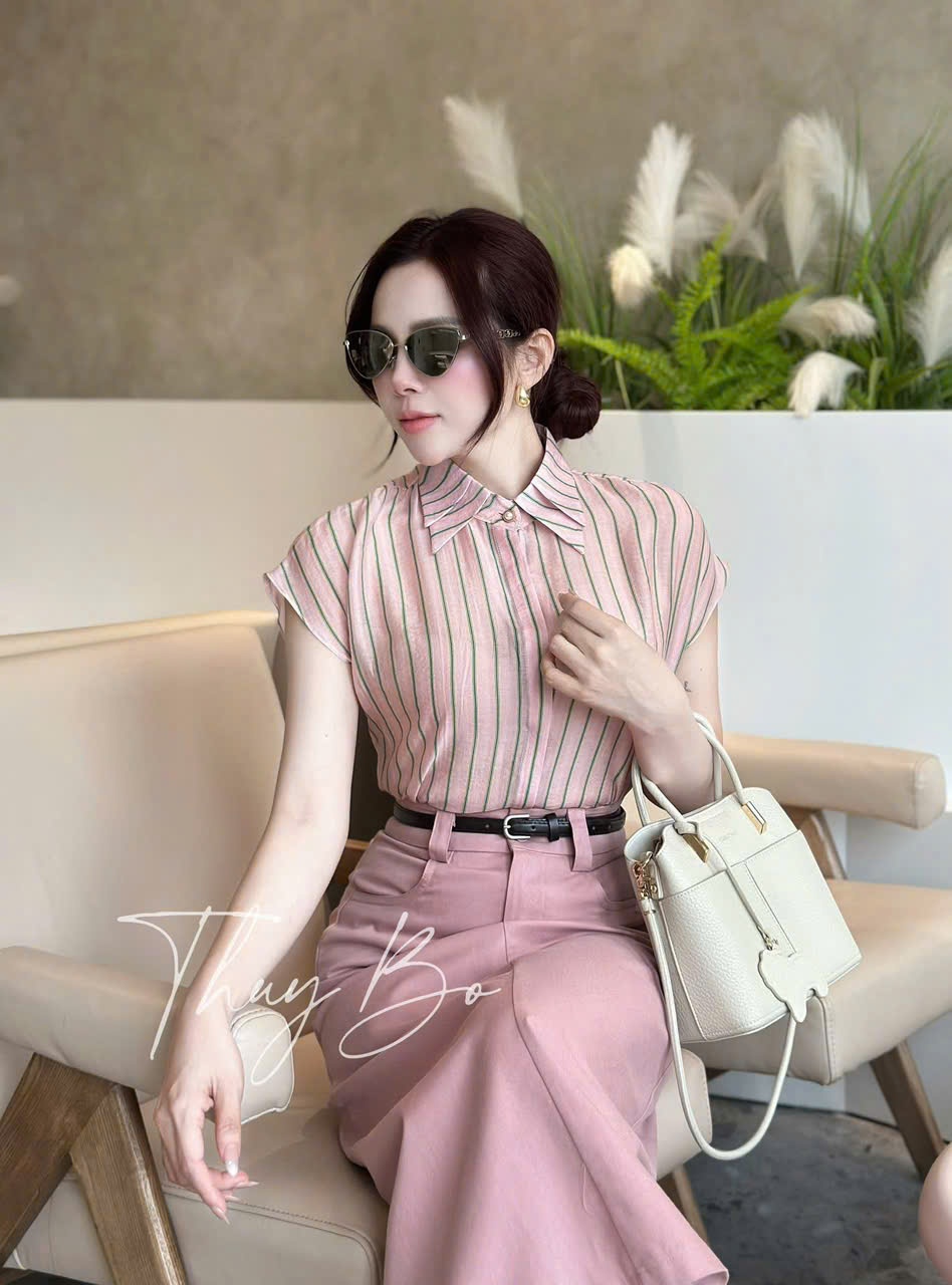 Y4538 - ÁO SƠ MI NỮ SỌC CỔ CÚC NGỌC TAY HẾN