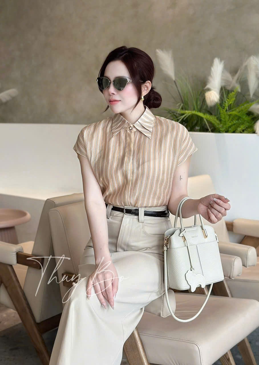 Y4538 - ÁO SƠ MI NỮ SỌC CỔ CÚC NGỌC TAY HẾN