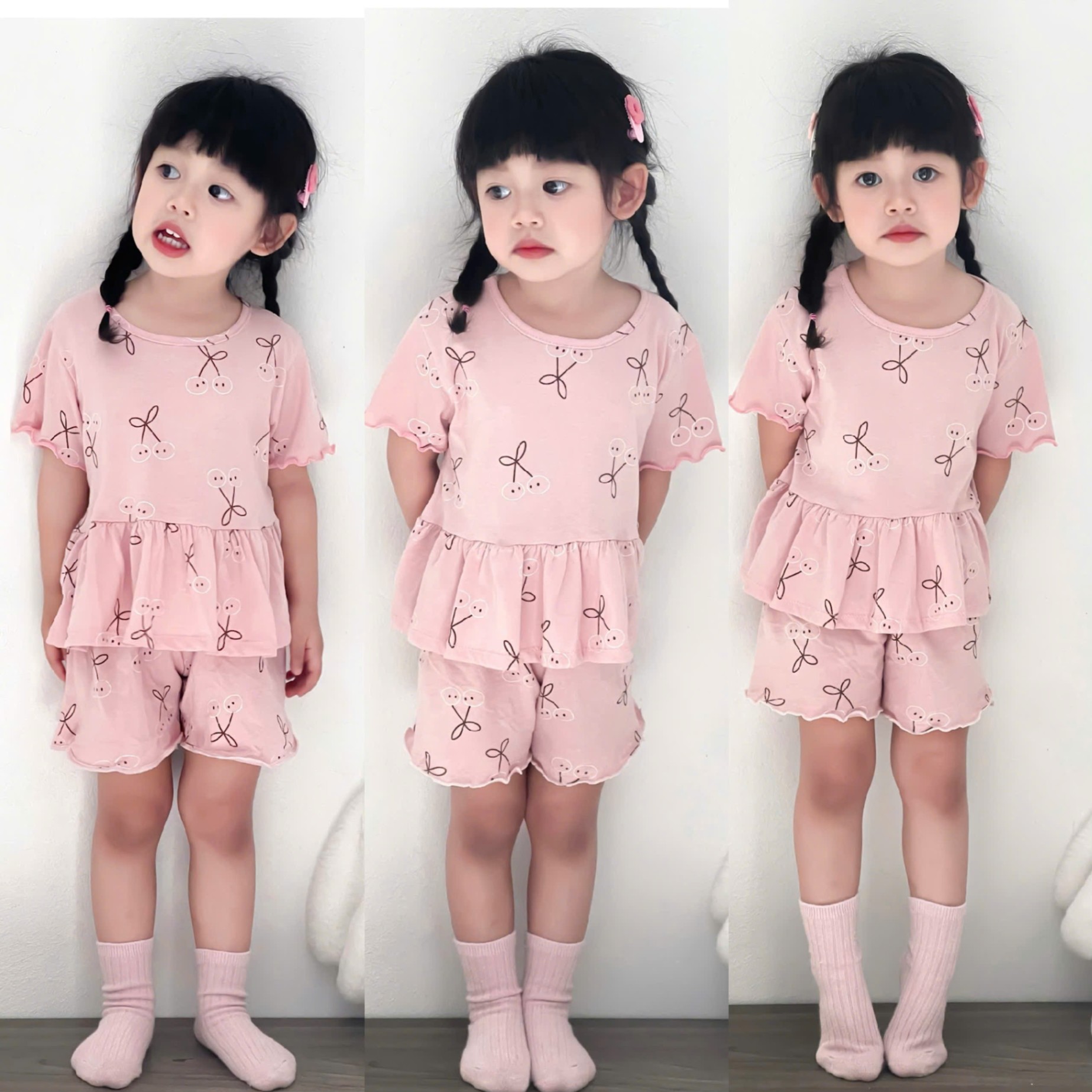 Y4545-SET 3 BỘ ĐÙI BÉ GÁI PELUM HOA NƠ ĐEN GHI HỒNG