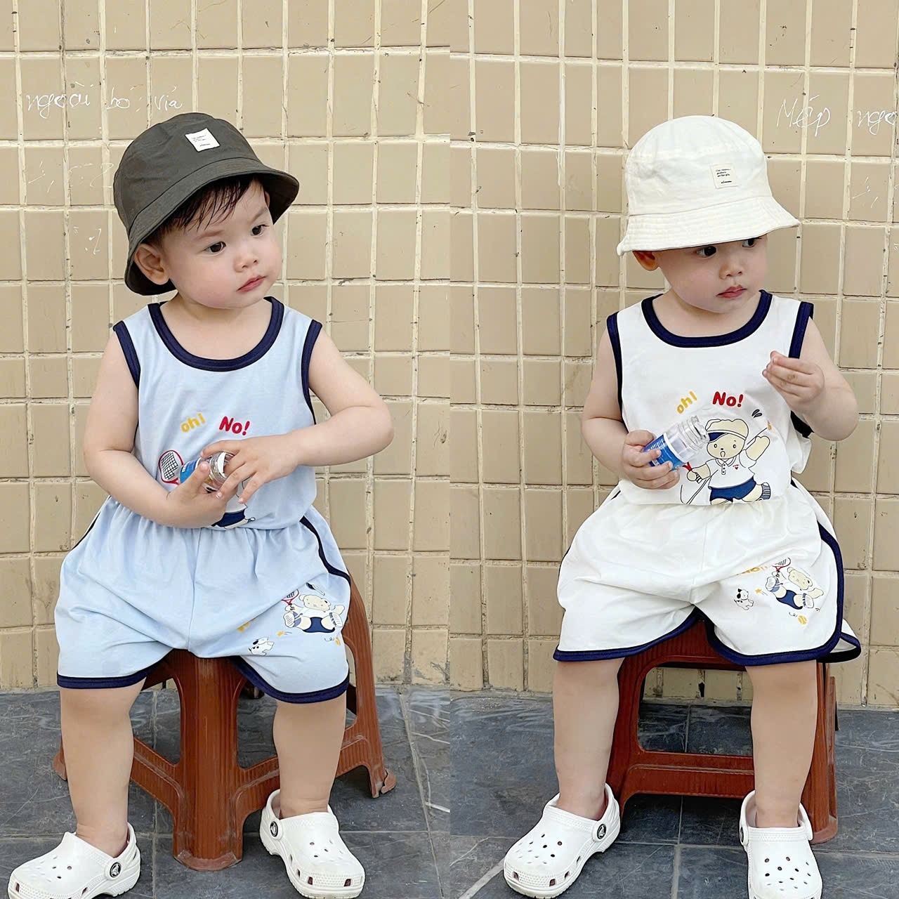 Y4542-SET 2 BỘ ĐÙI BÉ TRAI BA LỖ OH NO XANH TRẮNG