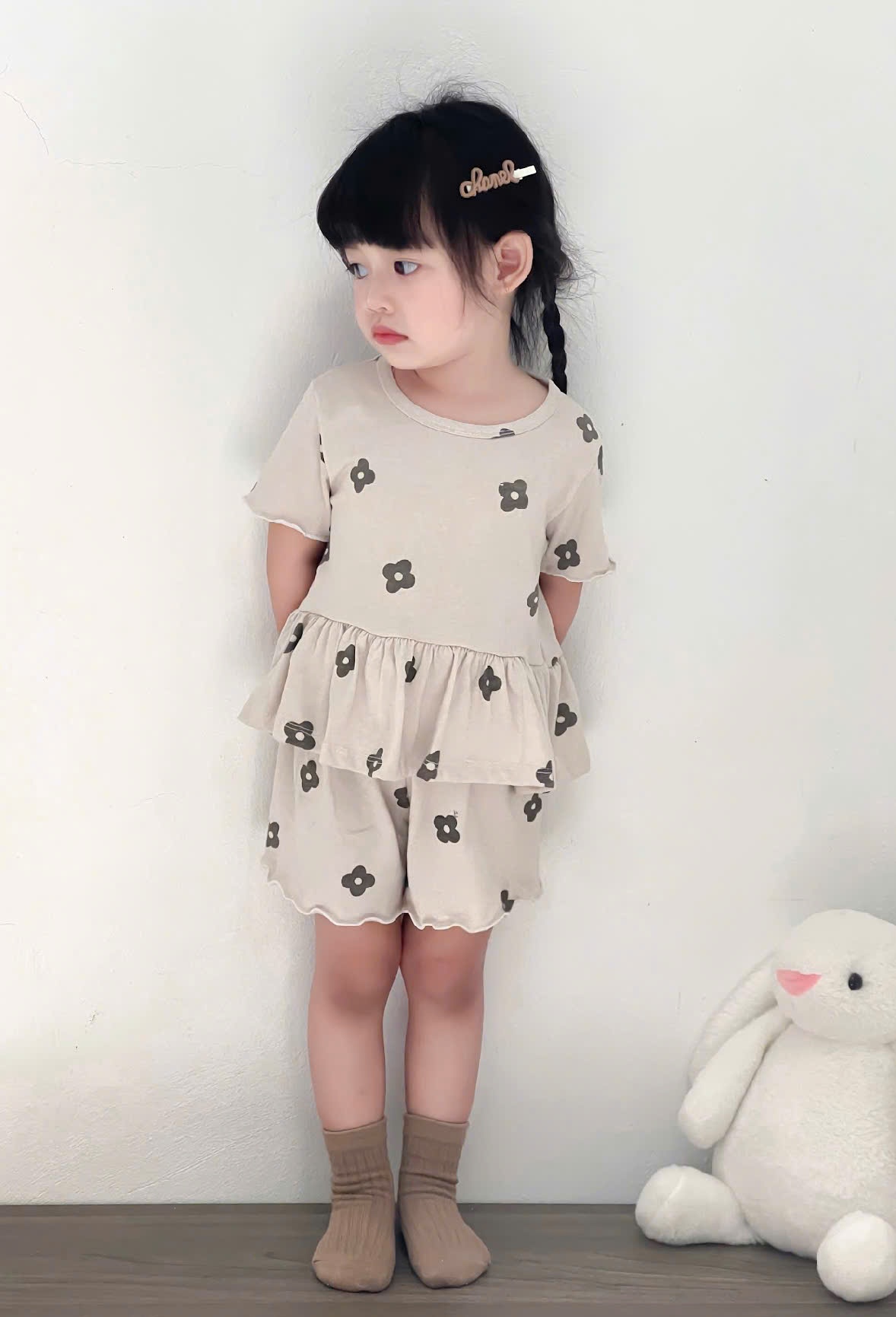Y4545-SET 3 BỘ ĐÙI BÉ GÁI PELUM HOA NƠ ĐEN GHI HỒNG