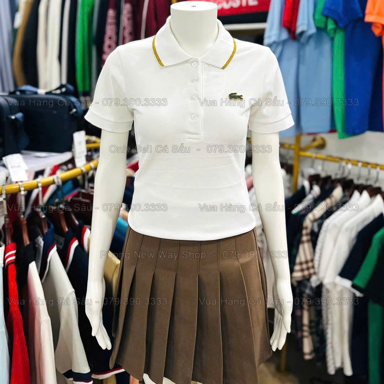 Y4566-ÁO POLO NỮ LASCOTE TRẮNG CỔ VIỀN VÀNG