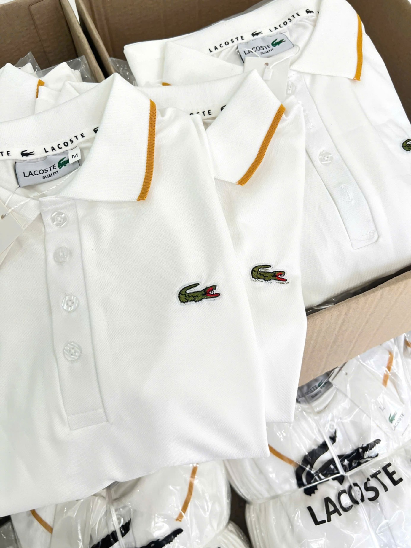Y4566-ÁO POLO NỮ LASCOTE TRẮNG CỔ VIỀN VÀNG