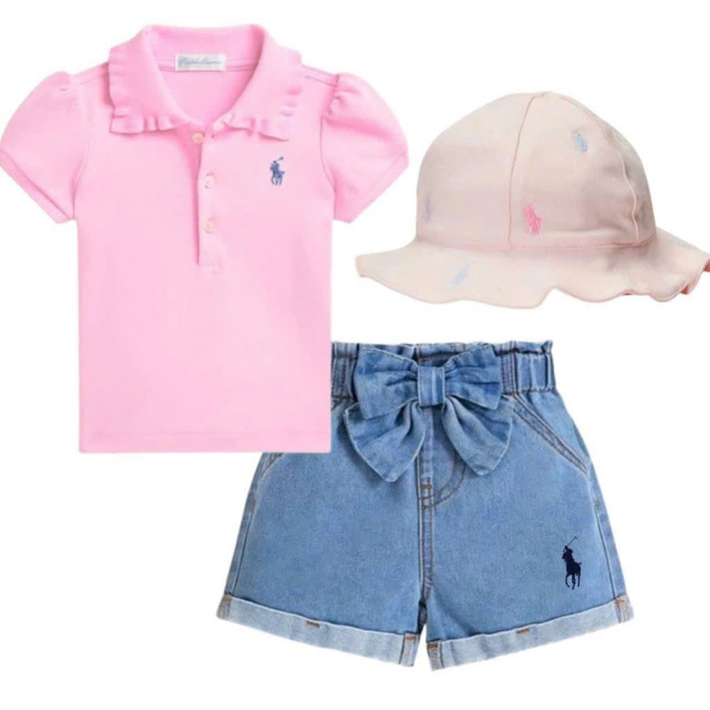 NO778 - SET ÁO POLO CỔ BÈO HỒNG QUẦN JEAN ĐÍNH NƠ XANH KÈM MŨ