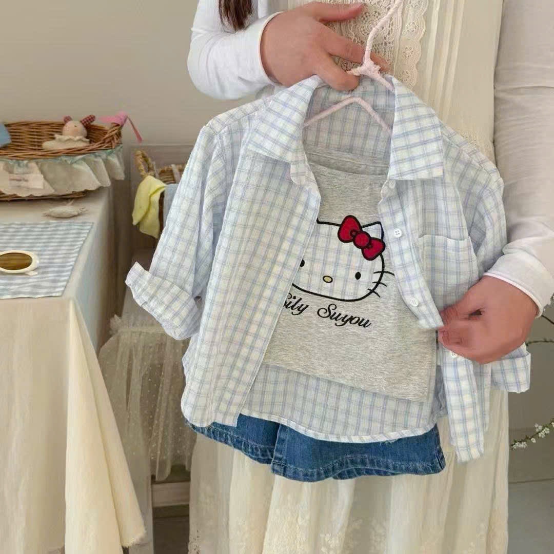 NO781-SÉT 3 CHI TIẾT ÁO 2 DÂY SƠ MI KẺ QUẦN VÁY JEAN KITTY BÉ GÁI