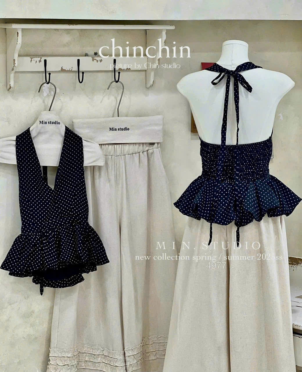 L407-SET YẾM CỔ CHẤM BI THAN BỒNG KÈM QUẦN SUÔNG NỮ