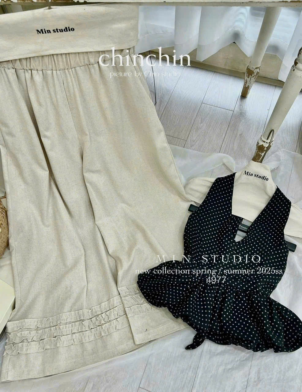 L407-SET YẾM CỔ CHẤM BI THAN BỒNG KÈM QUẦN SUÔNG NỮ