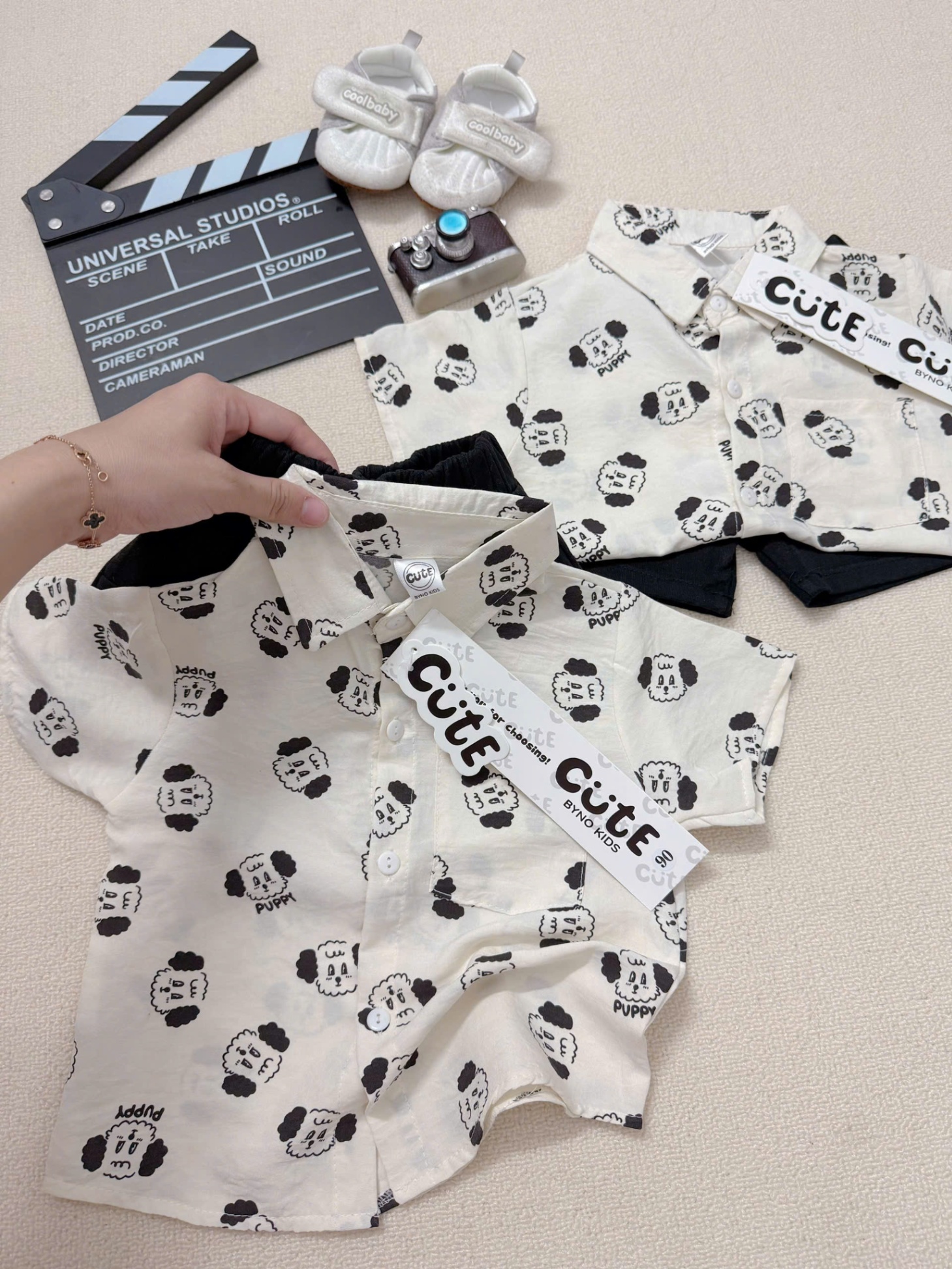 NO790 - SET ÁO SƠ MI CÚN MIX QUẦN KAKI ĐEN CHO BÉ CỰC YÊU