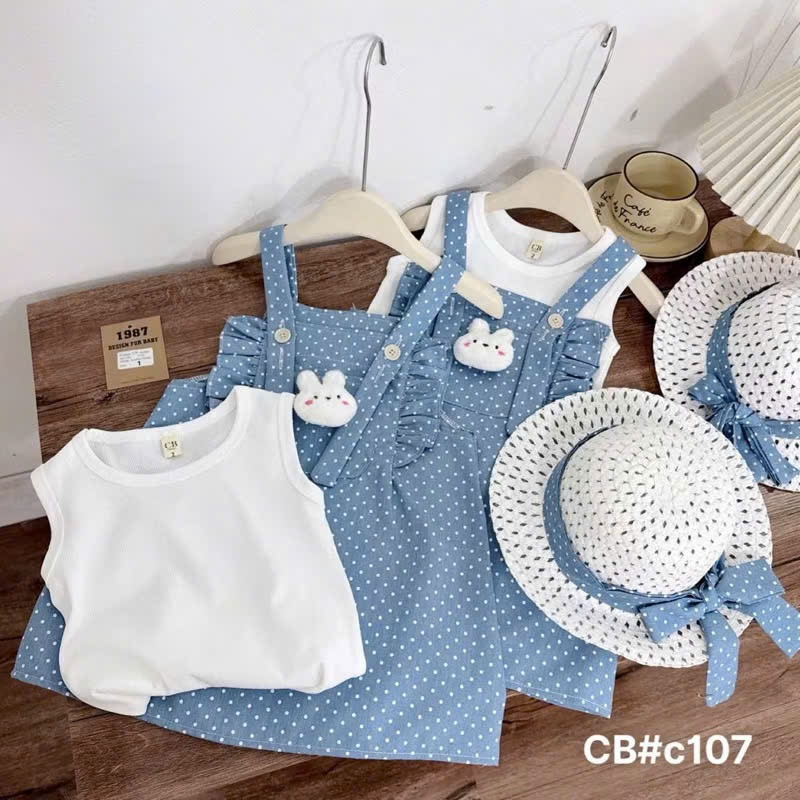 NO789 - SET YẾM BÒ CHẤM BI 3 CHI TIẾT ÁO SÁT NÁCH KÈM MŨ CHO BÉ GÁI