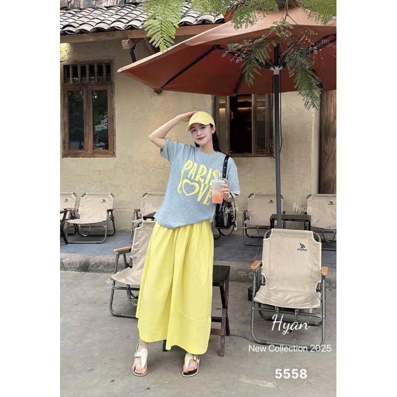 L419 - SET ÁO COTTON XÁM PARIS LOVE CHÂN VÁY VÀNG NỮ