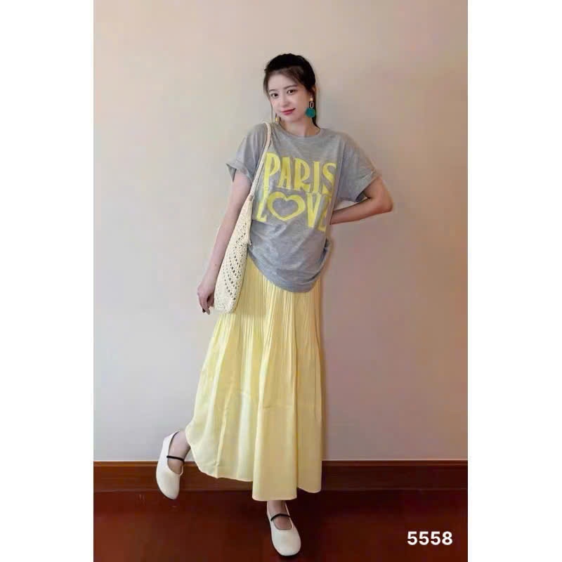 L419 - SET ÁO COTTON XÁM PARIS LOVE CHÂN VÁY VÀNG NỮ