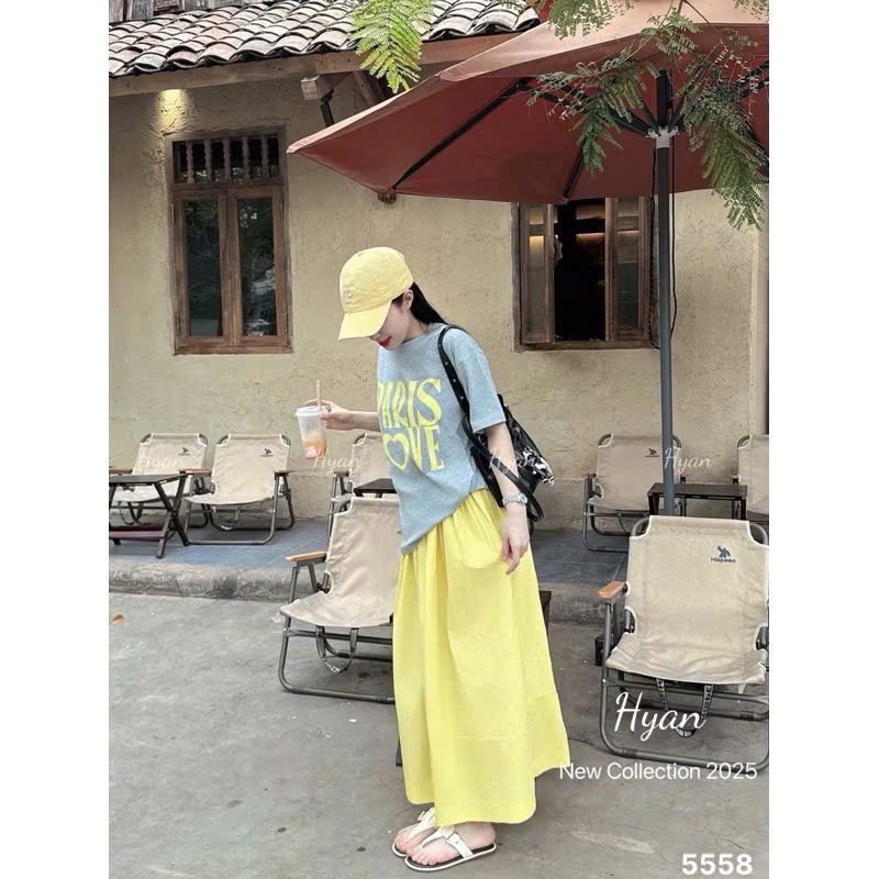 L419 - SET ÁO COTTON XÁM PARIS LOVE CHÂN VÁY VÀNG NỮ