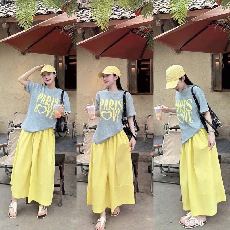 L419 - SET ÁO COTTON XÁM PARIS LOVE CHÂN VÁY VÀNG NỮ