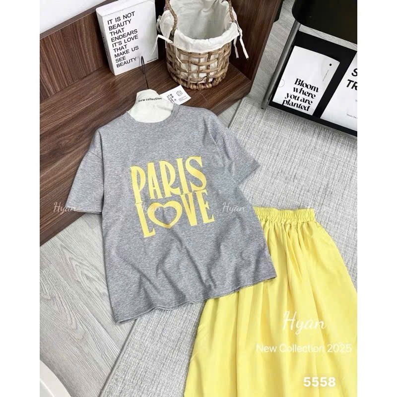 L419 - SET ÁO COTTON XÁM PARIS LOVE CHÂN VÁY VÀNG NỮ