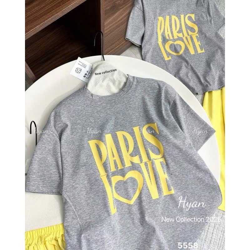 L419 - SET ÁO COTTON XÁM PARIS LOVE CHÂN VÁY VÀNG NỮ