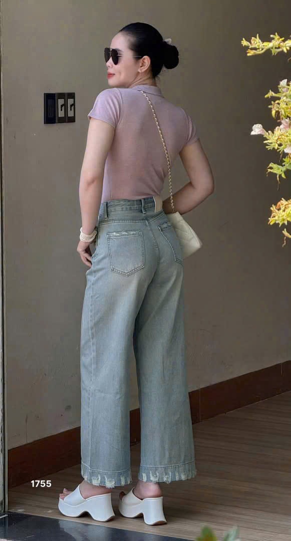 L450-QUẦN JEANS RÁCH GẤU PHỐI ĐỈA ỐNG SUÔNG