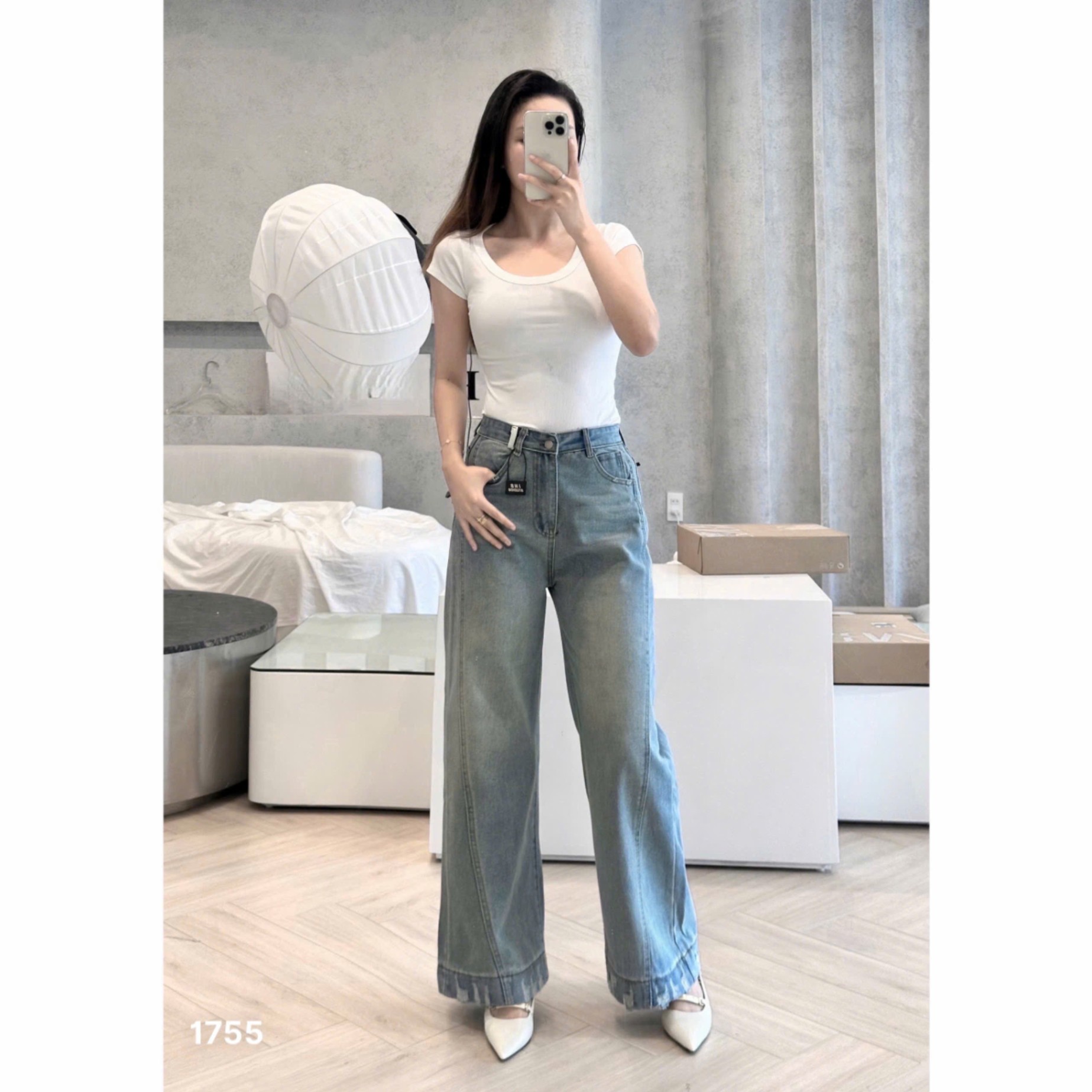 L450-QUẦN JEANS RÁCH GẤU PHỐI ĐỈA ỐNG SUÔNG