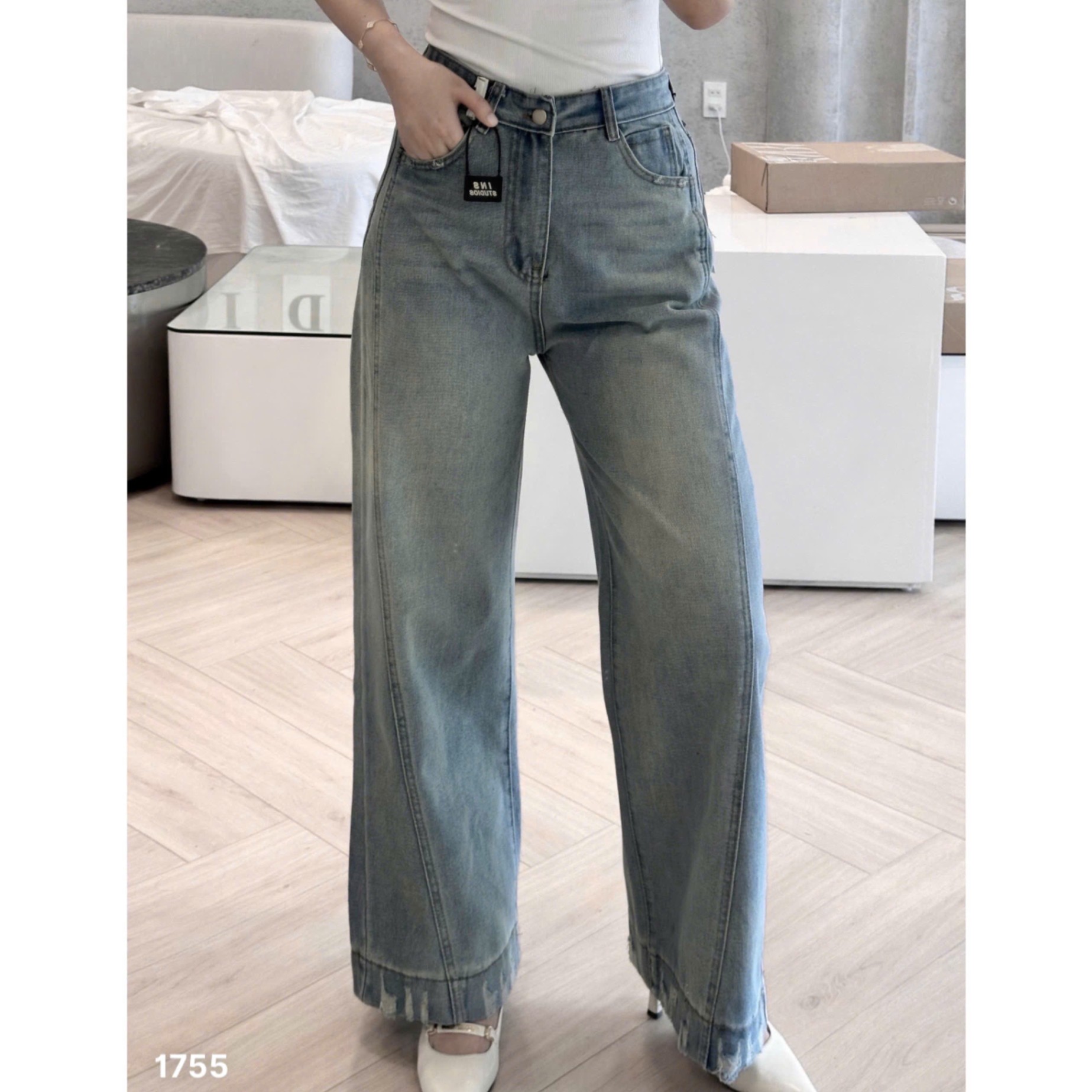 L450-QUẦN JEANS RÁCH GẤU PHỐI ĐỈA ỐNG SUÔNG