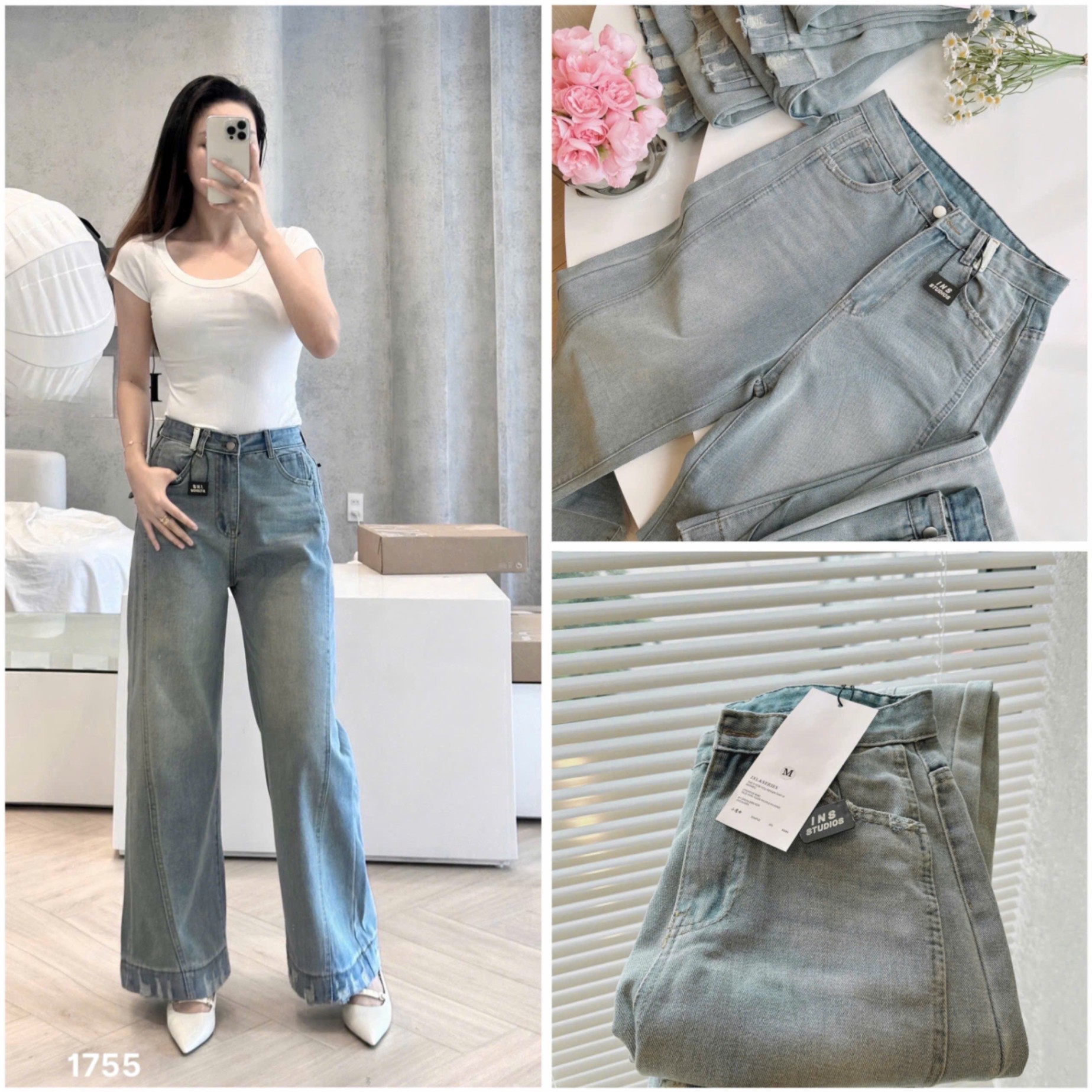 L450-QUẦN JEANS RÁCH GẤU PHỐI ĐỈA ỐNG SUÔNG