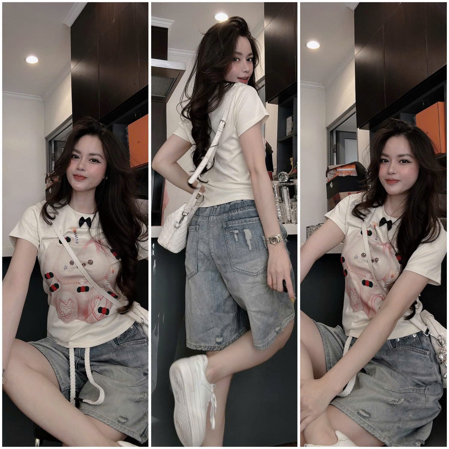 Y4648-SET NỮ ÁO TRẮNG GẤU HAPPY SMILE QUẦN BÒ NGỐ