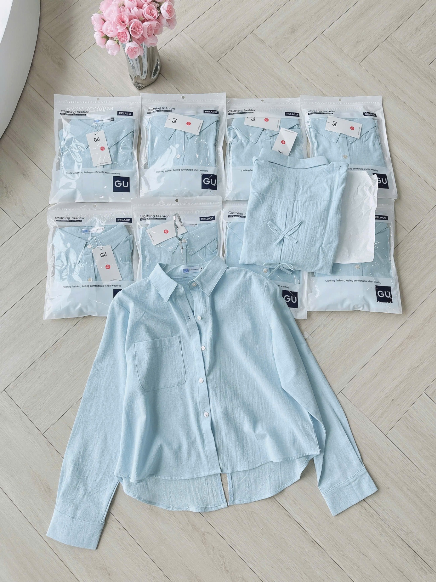 Y4655-ÁO SƠ MI NỮ GU XANH DÀI TAY NƠ SAU