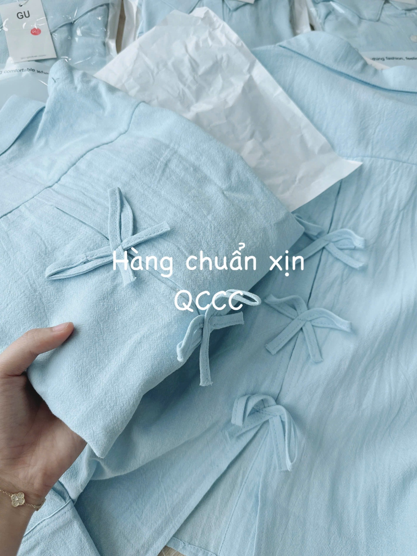 Y4655-ÁO SƠ MI NỮ GU XANH DÀI TAY NƠ SAU