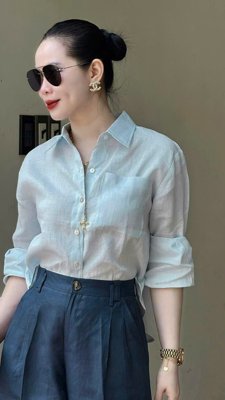 Y4655-ÁO SƠ MI NỮ GU XANH DÀI TAY NƠ SAU