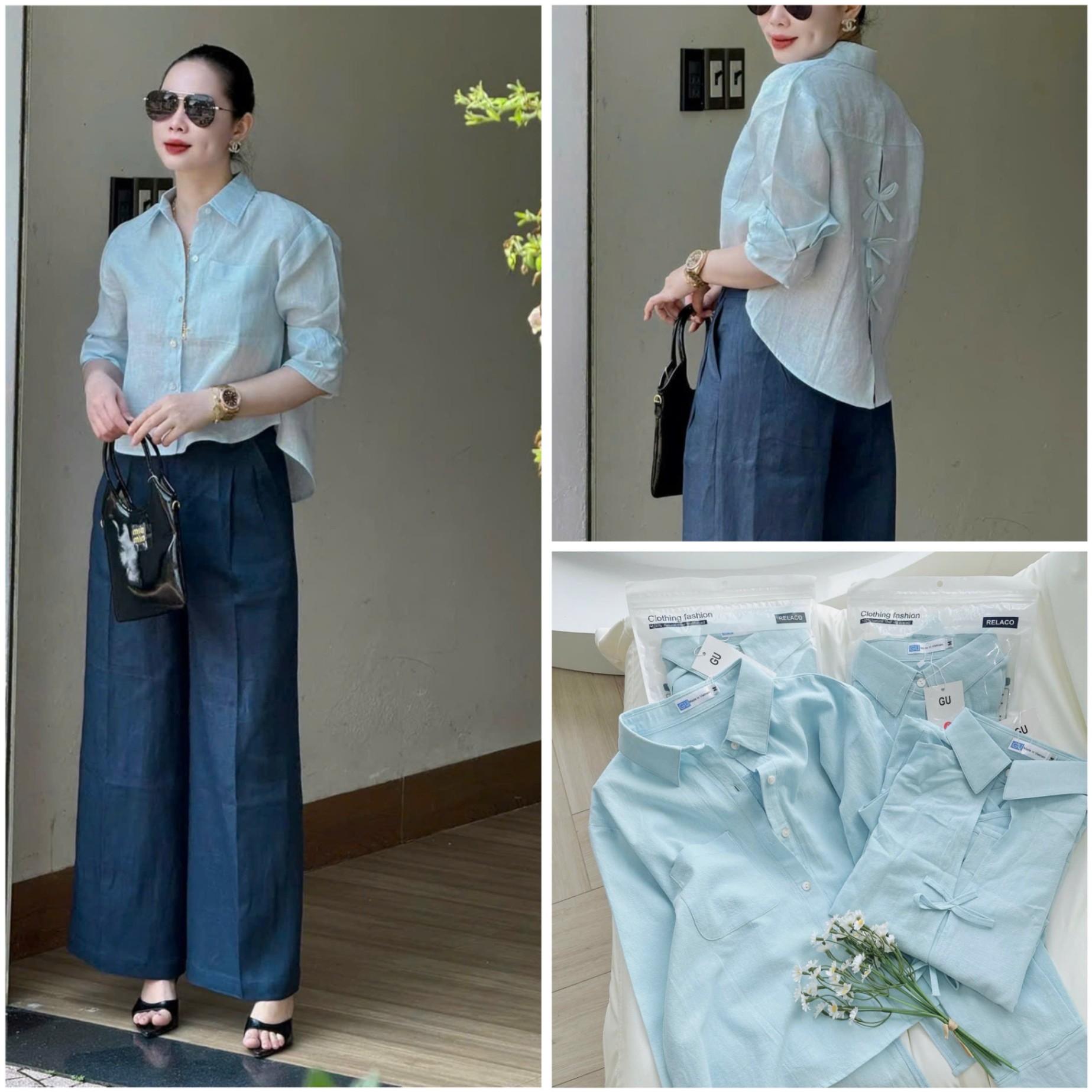 Y4655-ÁO SƠ MI NỮ GU XANH DÀI TAY NƠ SAU