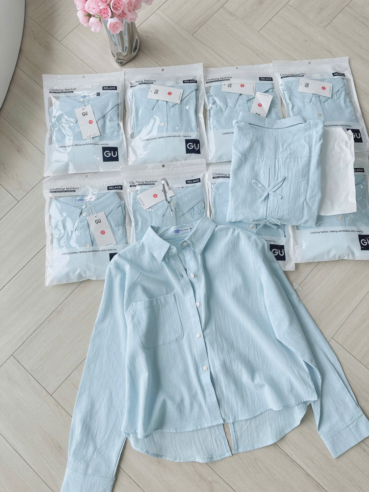 Y4655-ÁO SƠ MI NỮ GU XANH DÀI TAY NƠ SAU