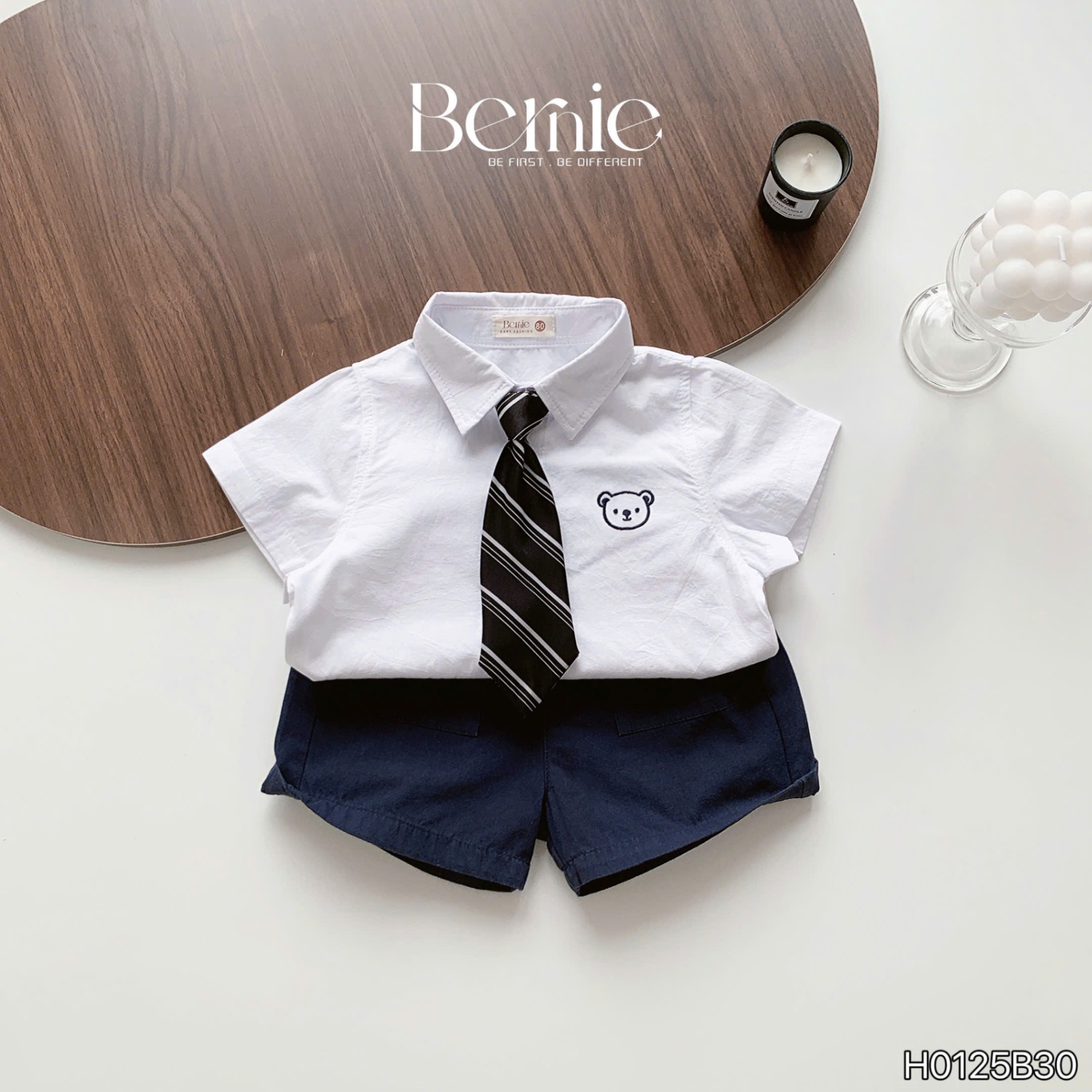 H0125B30- SET SƠ MI THÊU GẤU KÈM CAVAT