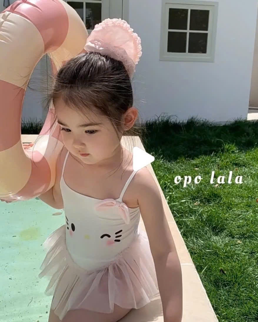 NO807 - BIKINI 2 DÂY KITTY TRẮNG VOAN BỒNG XOÈ CHO BÉ GÁI