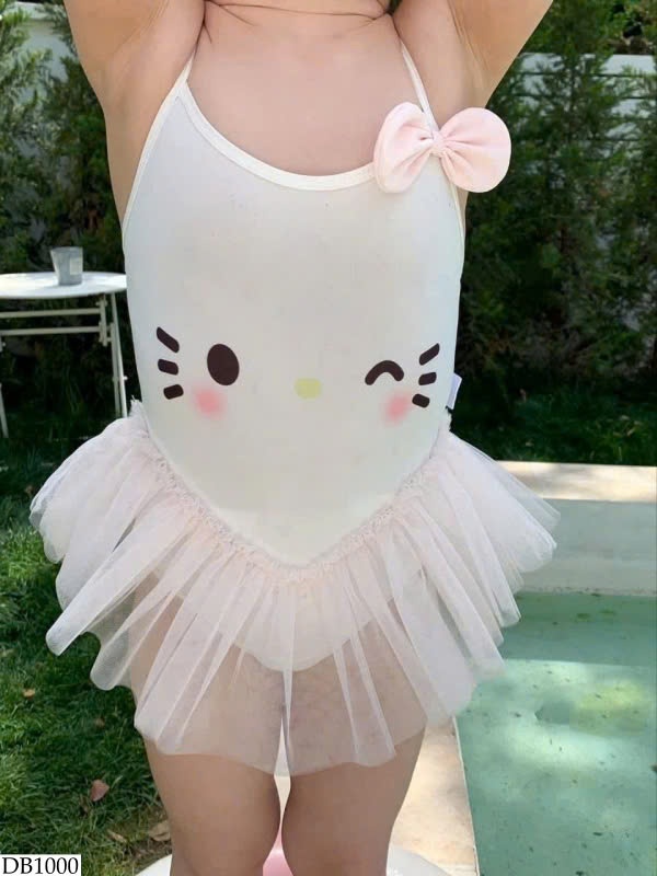 NO807 - BIKINI 2 DÂY KITTY TRẮNG VOAN BỒNG XOÈ CHO BÉ GÁI