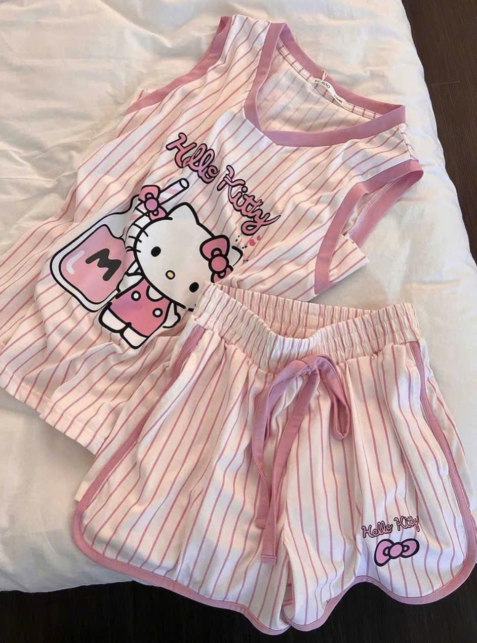 L507 - SET COTTON SÁT NÁCH CỔ V KẺ SỌC HELLO KITTY HỒNG NEW