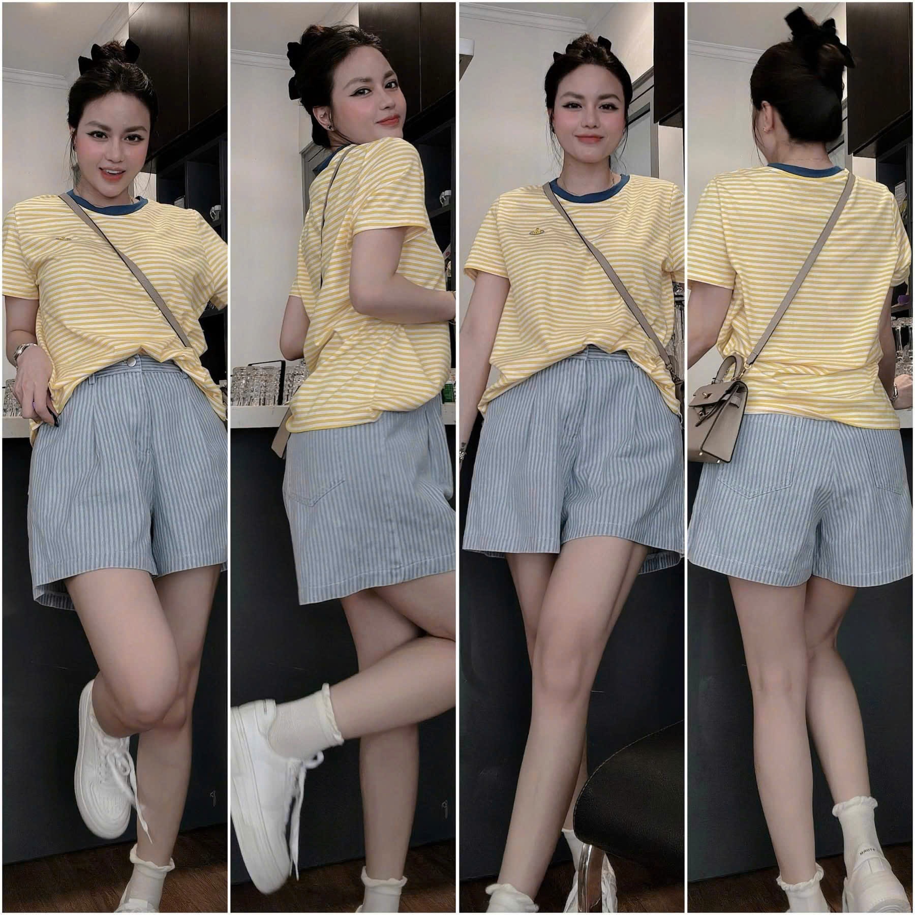 Y4672-SET ÁO VÀNG KẺ NGANG THÊU QUẦN XANH SỌC