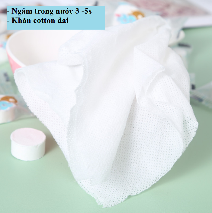 Túi 50 khăn giấy nén hình gấu bằng cotton, dạng viên kẹo dùng 1 lần - khăn nén gấu xanh giá sỉ