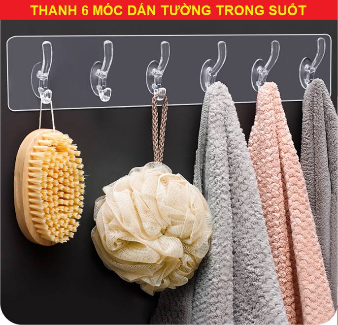 Móc dán tường, thanh 6 móc treo đồ dán tường nhà tắm nhà bếp - Thanh 6 móc dán tường dẻo giá sỉ