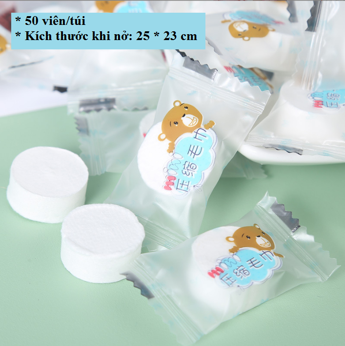 Túi 50 khăn giấy nén hình gấu bằng cotton, dạng viên kẹo dùng 1 lần - khăn nén gấu xanh giá sỉ