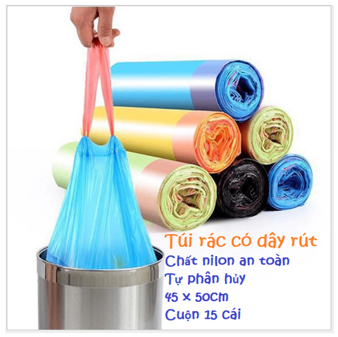 Túi đựng rác có quai xách - dây rút tiện lợi 45cm x 50cm, túi rác giá sỉ