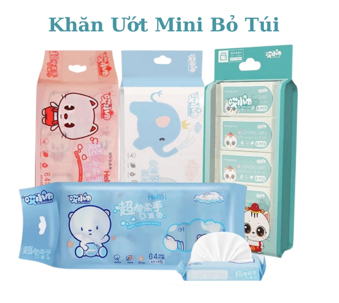 Khăn giấy ướt mini không mùi 1 bịch 8 gói, nhiều hình dễ thương bỏ túi tiện lợi - Khăn giấy ướt mini giá sỉ