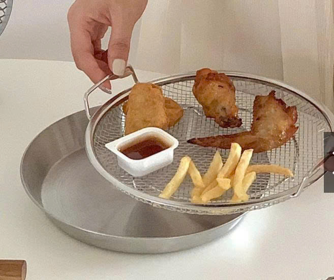 Bộ khay đĩa kèm vỉ lọc dầu inox 22cm dùng đựng đồ chiên, đồ luộc ráo dầu, ráo nước - Khay ráo dầu kèm đĩa giá sỉ