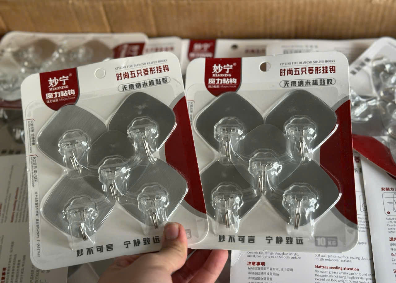 Vỉ 5 móc dán tường hình thoi Bạc - Móc dán tường giá sỉ tại kho