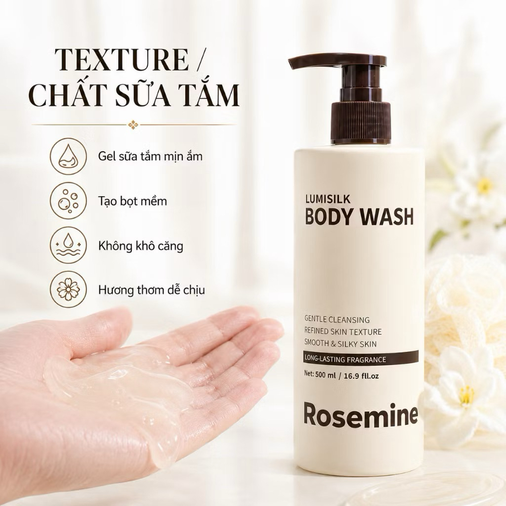 G276 Sữa tắm nước hoa dưỡng thể HOA TRÀ ROSEMINE Lumisilk Body Wash 500ml ( 11/2028 )